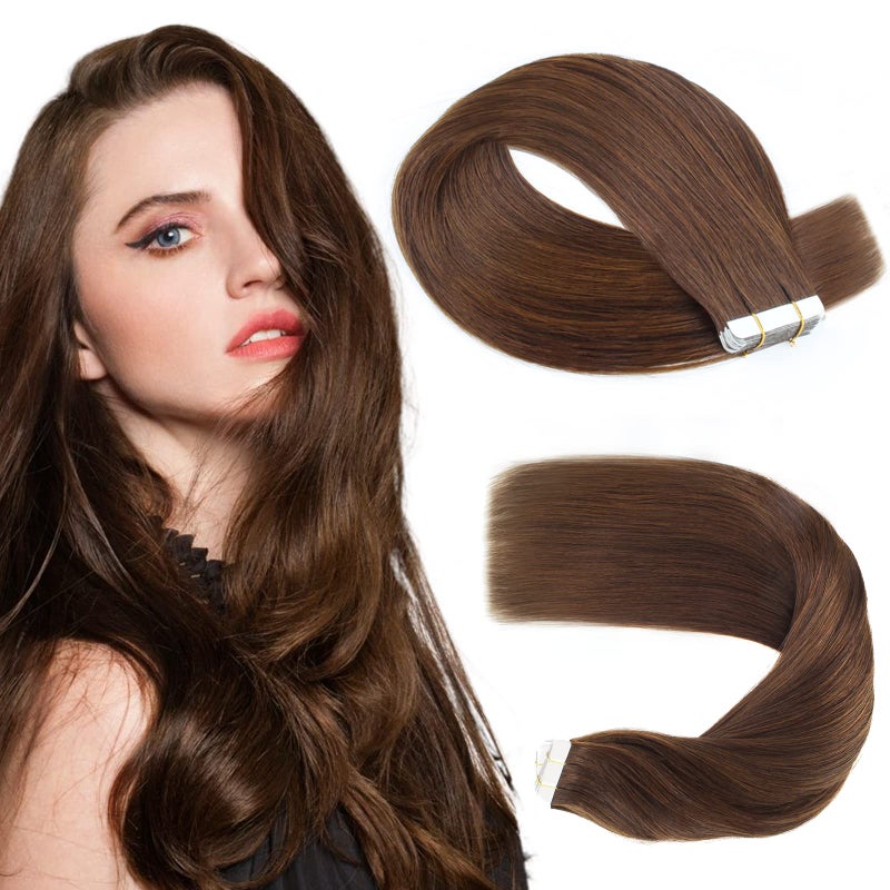 Sassina Tape in Hair Extensions Chocolate Brown 3 Skin Weft Remy Human Hair Extensions Tape in Seamless Double Sided 18 Inch 20 Pieces 50 GramPack